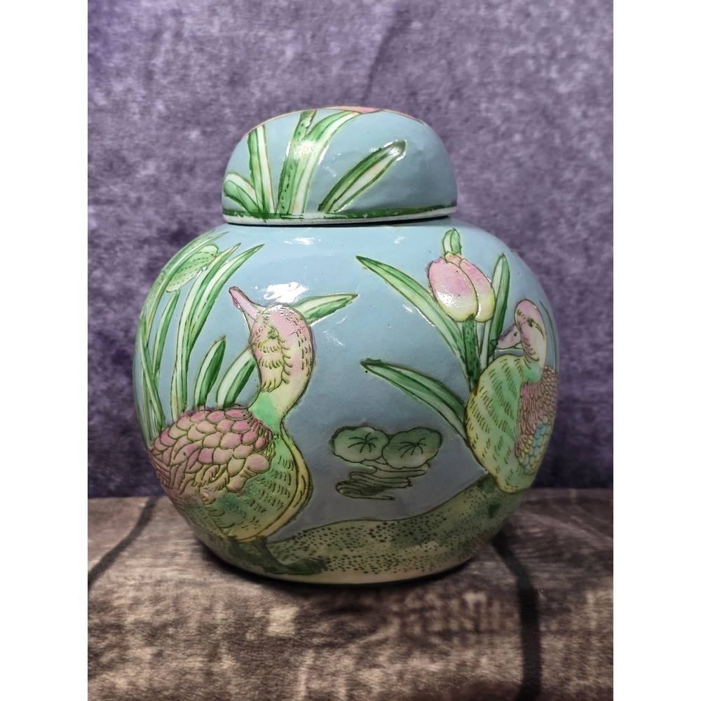 Vintage CPC Macau Hand Painted Porcelain Ginger Jar Ducks Lotus Flower Blue Pink